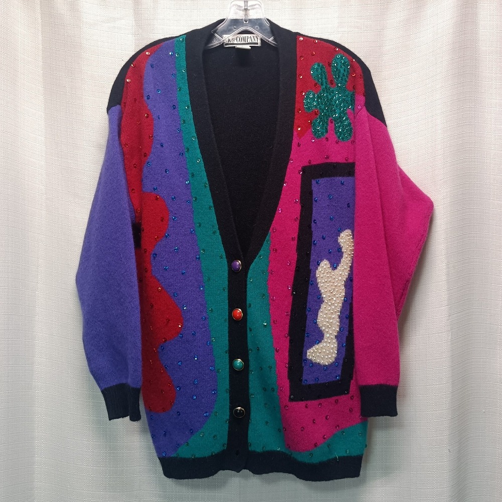 SK‎ Company Women's M Cardigan Sweater Wool Angora Retro 80s Sequin Embroidered